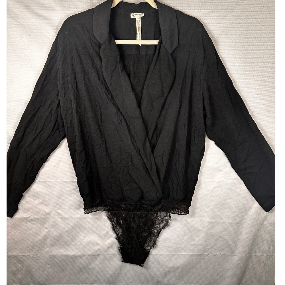 Free People Intimately fp Thong Faux Wrap Bodysuit Size M Black Long Sleeve